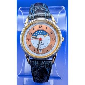 VTG La Express DAY MOON PHASE DIAL WOMEN'S Black Leather Band, New Battery